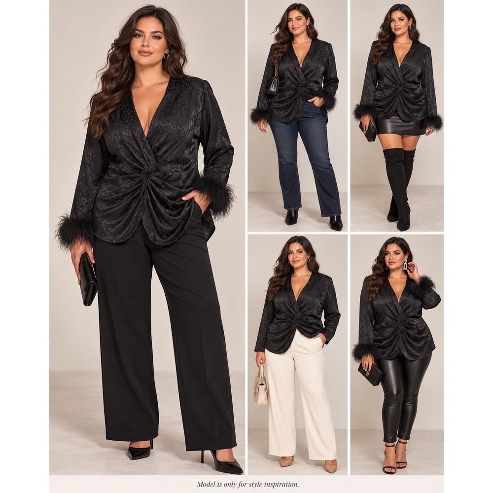 Intempo Blouse Womens 1X Black Jacquard Twist Front Removable Feather Cuffs Y2K